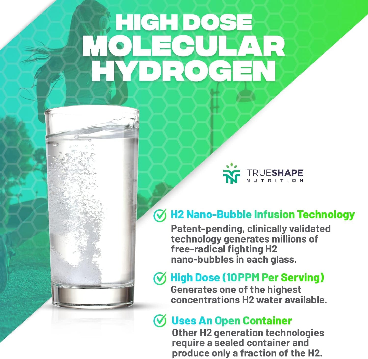 Unflavored TrueShape Nutrition Essential H2 Fizzy Molecular Hydrogen Tablets - Water Supplement (30 Servings)