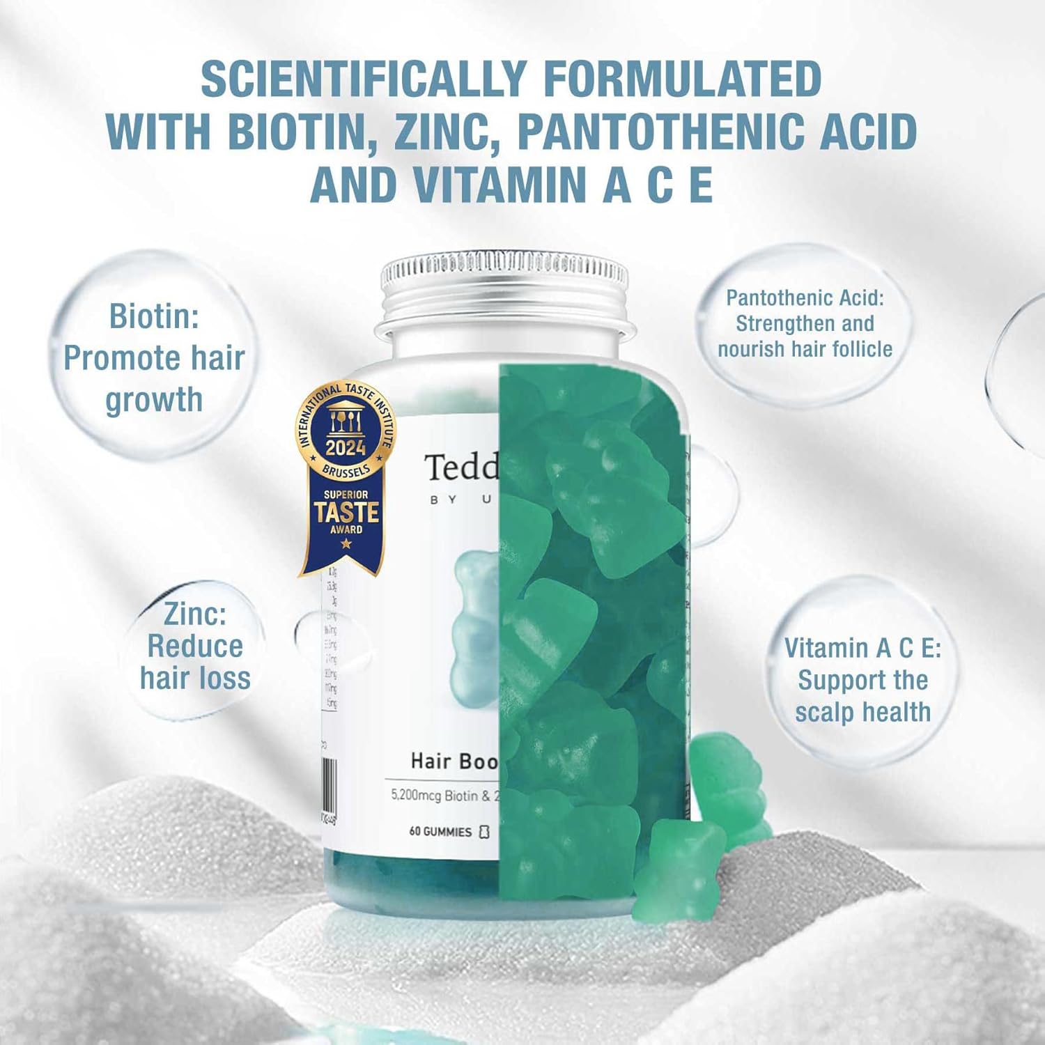 Unichi Hair Boost Gummy with 5200mcg Biotin, Zinc, and Pantothenic Acid for Stronger Hair - Sea Salt & Green Grape Flavor, 60 Count