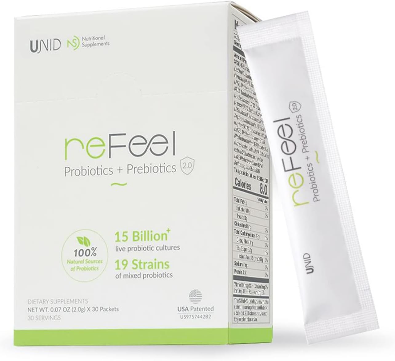 UNID reFeel 2.0 Probiotics + Prebiotics - 30 Packets, 19 Strains, 15 Billion Cultures, Digestive Support Granules - All Ages