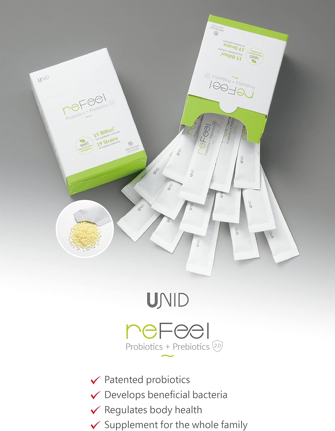 UNID reFeel 2.0 Probiotics + Prebiotics - 30 Packets, 19 Strains, 15 Billion Cultures, Digestive Support Granules - All Ages