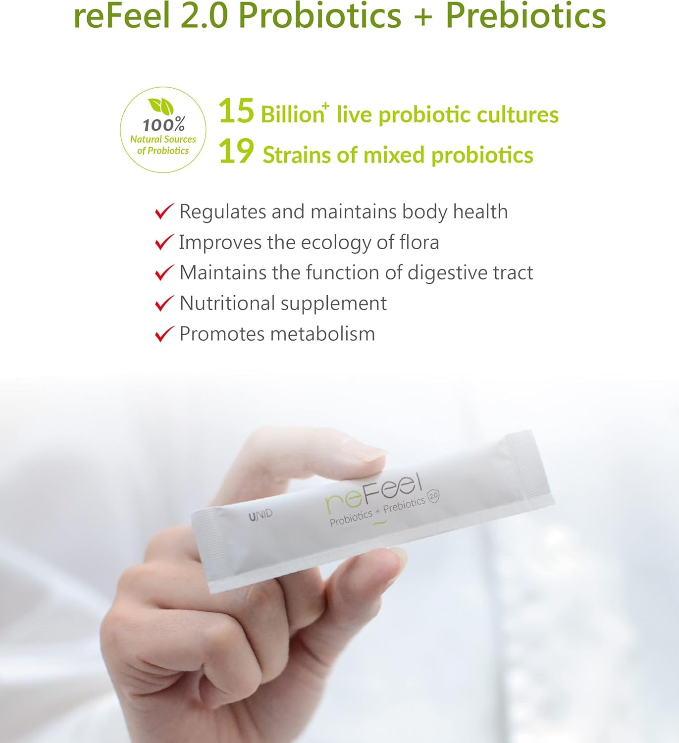 UNID reFeel 2.0 Probiotics + Prebiotics - 30 Packets, 19 Strains, 15 Billion Cultures, Digestive Support Granules - All Ages