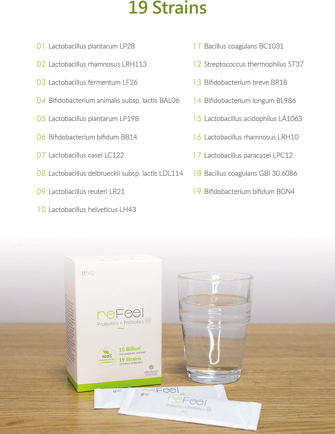 UNID reFeel 2.0 Probiotics + Prebiotics - 30 Packets, 19 Strains, 15 Billion Cultures, Digestive Support Granules - All Ages