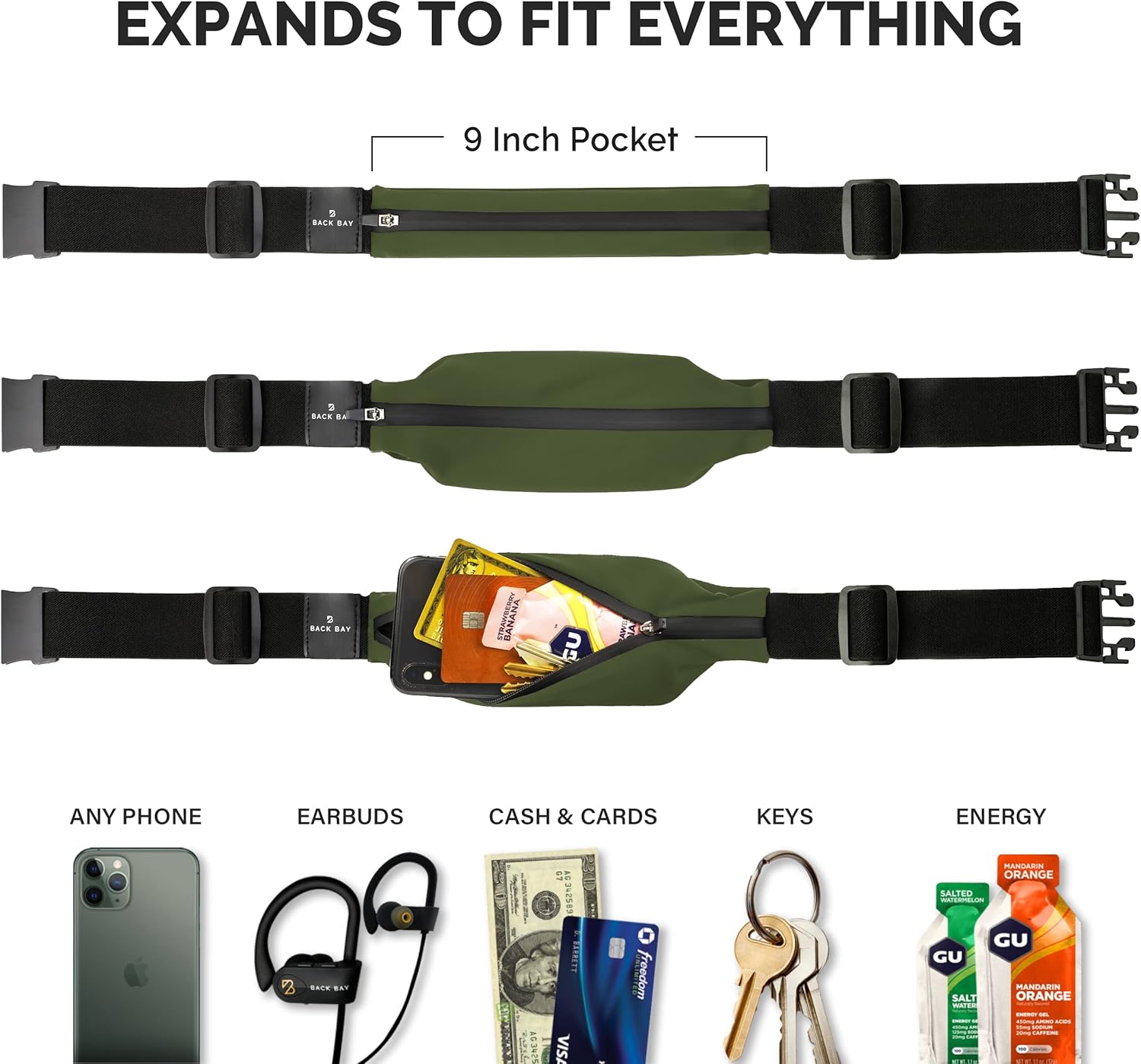 Unisex Back Bay Slim Running Belt with Phone Pocket for Runners, Waist Bag for Workouts, Money Belt for Men and Women