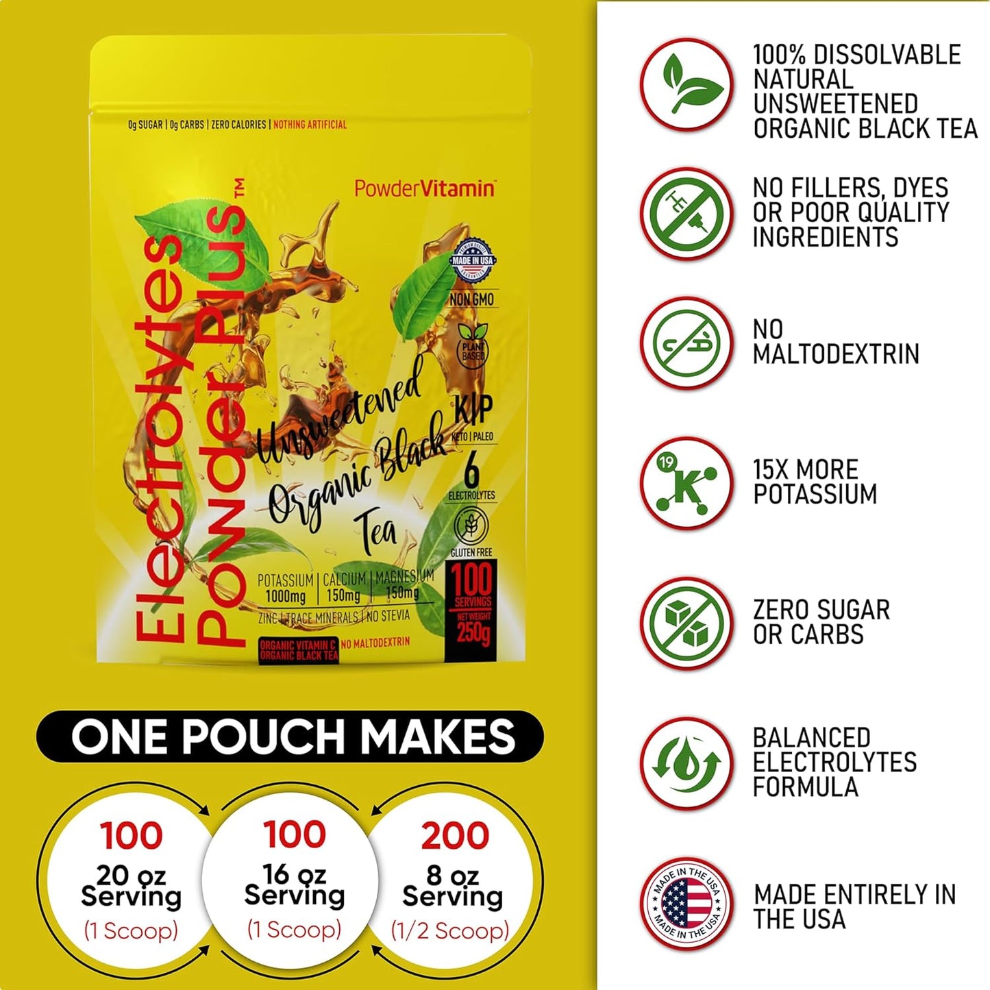 Unsweetened Black Tea Electrolyte Powder with Pink Himalayan Salt - 100 Servings, Keto Friendly, Sugar Free, 1000mg Potassium, 150mg Calcium, 150mg Magnesium, Hydration Support - No Stevia