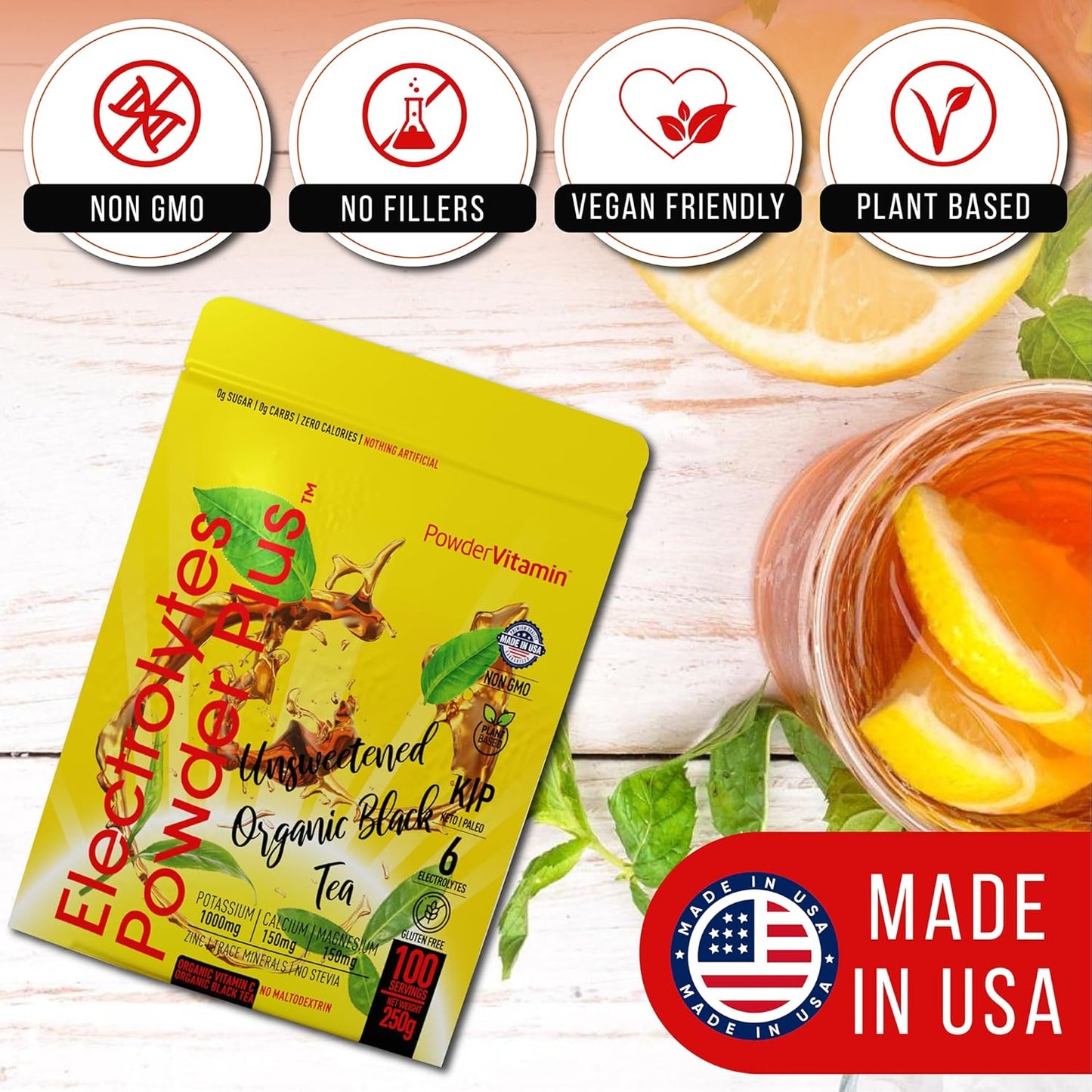 Unsweetened Black Tea Electrolyte Powder with Pink Himalayan Salt - 100 Servings, Keto Friendly, Sugar Free, 1000mg Potassium, 150mg Calcium, 150mg Magnesium, Hydration Support - No Stevia