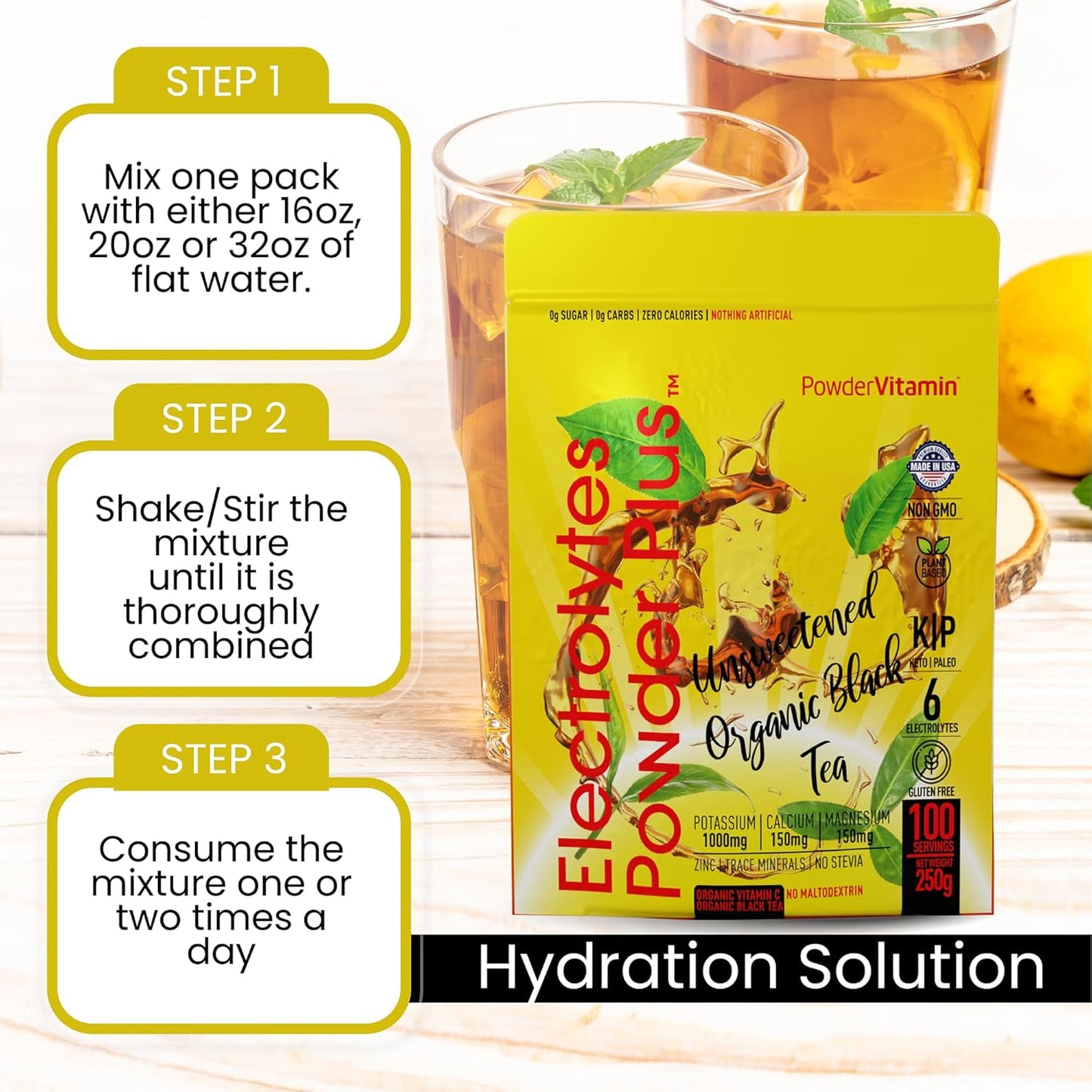 Unsweetened Black Tea Electrolyte Powder with Pink Himalayan Salt - 100 Servings, Keto Friendly, Sugar Free, 1000mg Potassium, 150mg Calcium, 150mg Magnesium, Hydration Support - No Stevia