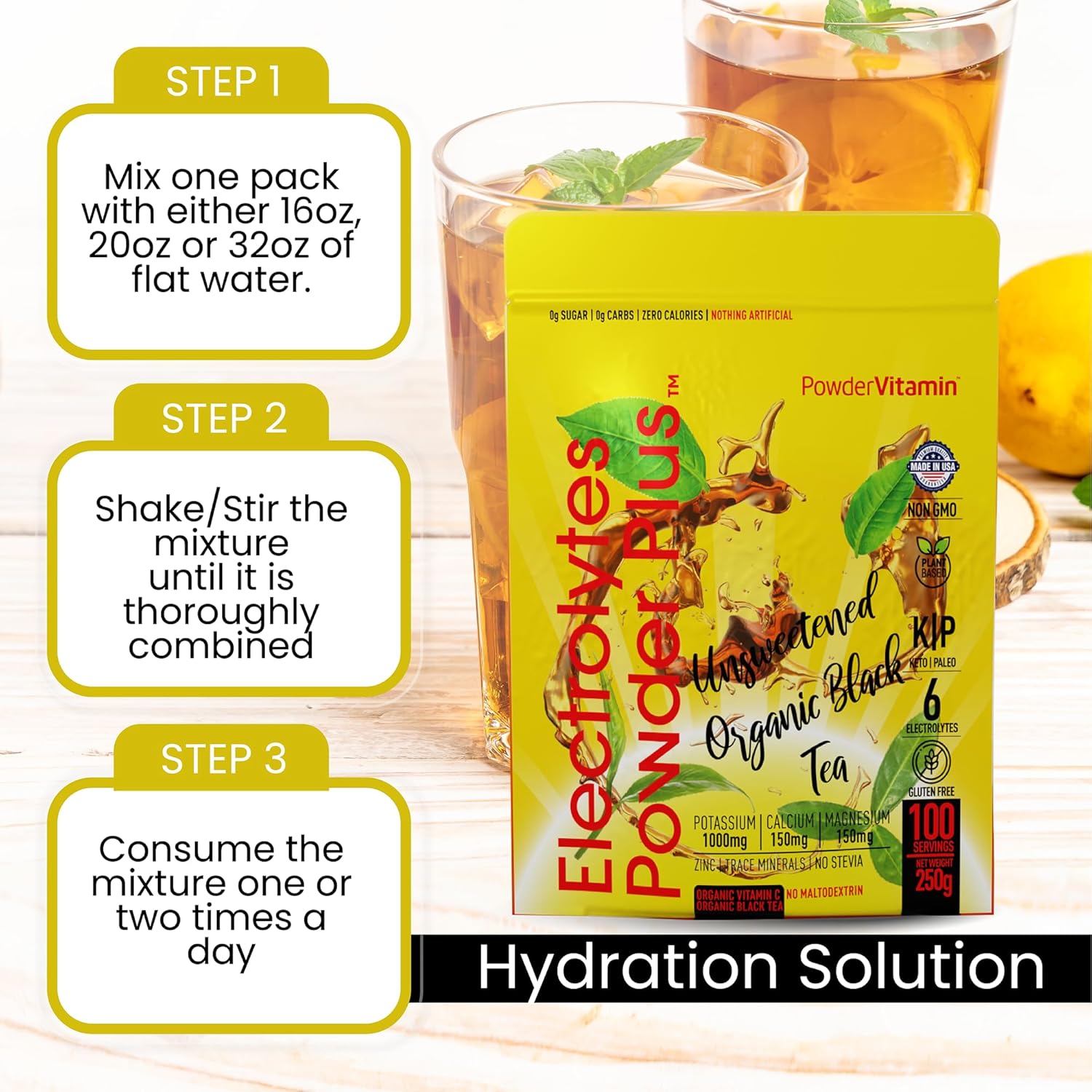 Unsweetened Black Tea Electrolyte Powder with Pink Himalayan Salt - 100 Servings, Keto Friendly, Sugar Free, 1000mg Potassium, 150mg Calcium, 150mg Magnesium, Hydration Support - No Stevia