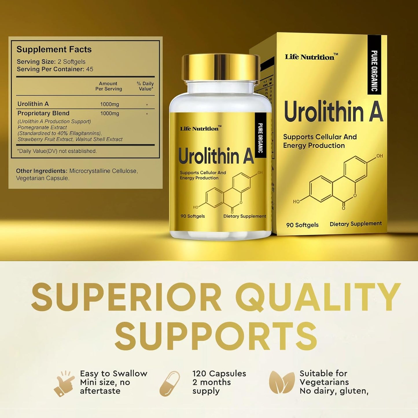 Urolithin A+ Softgels 1000MG, 90 Count, Made in USA for Advanced Cellular Health & Vitality