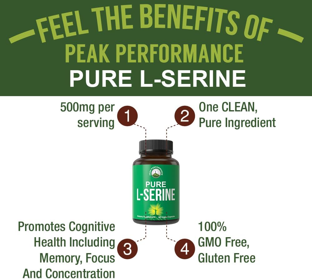 USA Grade L-Serine Capsules 500mg - Best Brain & Nootropic Amino Acids - Non-GMO Supplement - 60 Servings