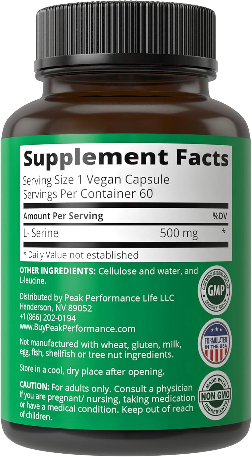 USA Grade L-Serine Capsules 500mg - Best Brain & Nootropic Amino Acids - Non-GMO Supplement - 60 Servings