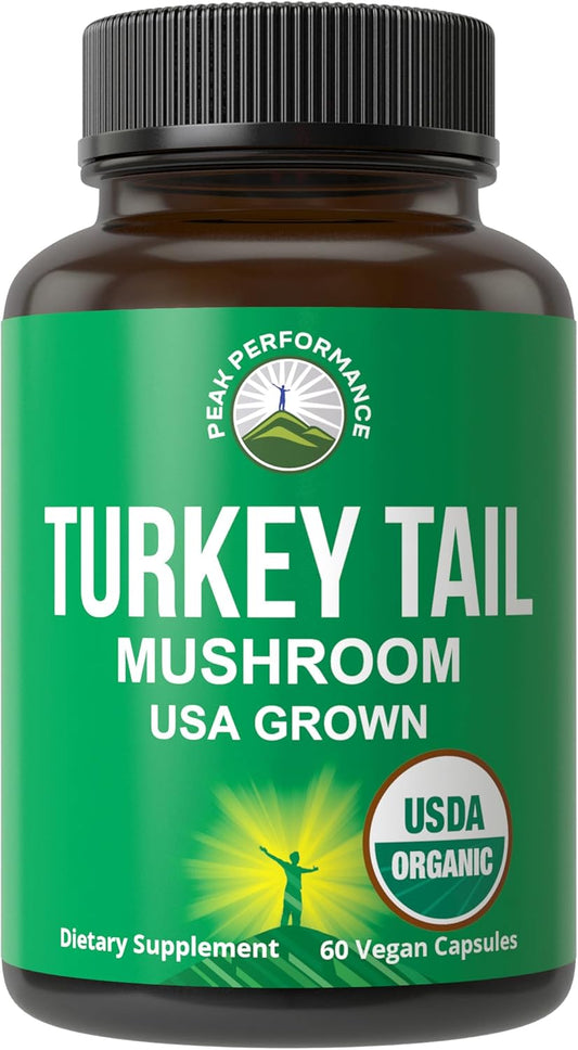USA Grown Peak Performance Organic Turkey Tail Mushroom Capsules - Immune System Support and Vegan Supplement for Natural Immunity Boost