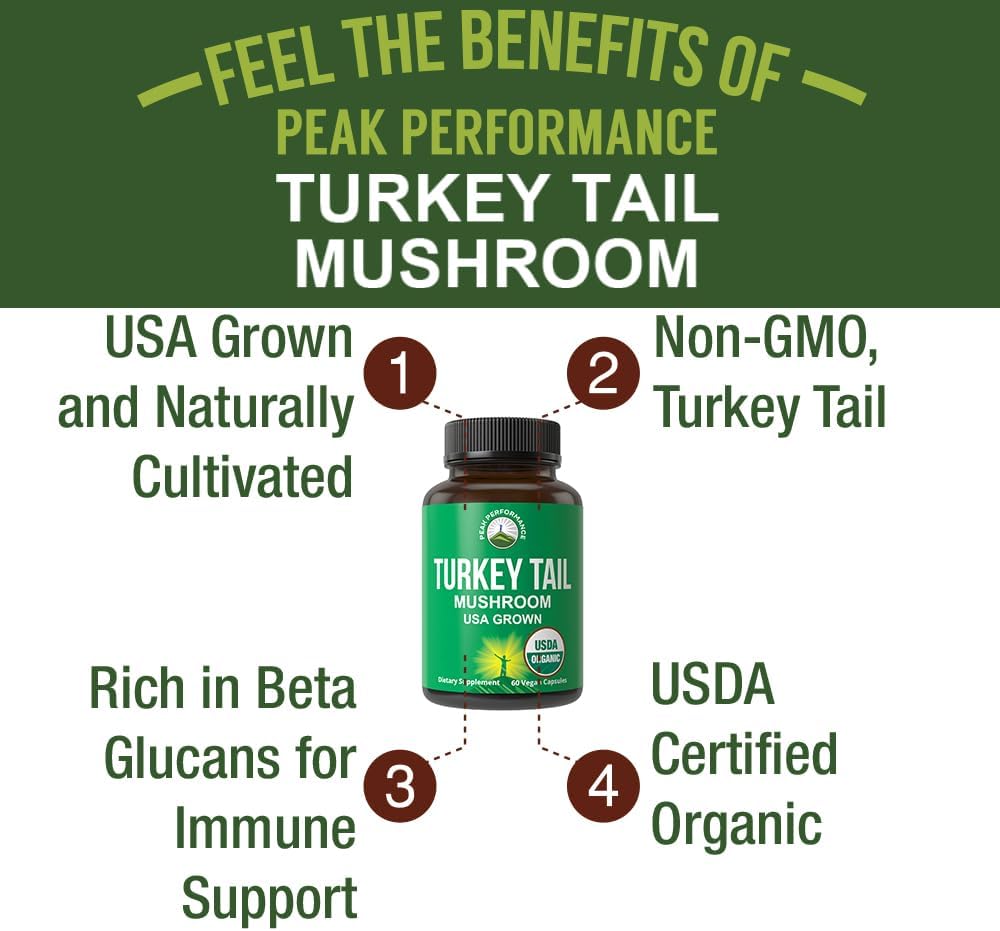 USA Grown Peak Performance Organic Turkey Tail Mushroom Capsules - Immune System Support and Vegan Supplement for Natural Immunity Boost
