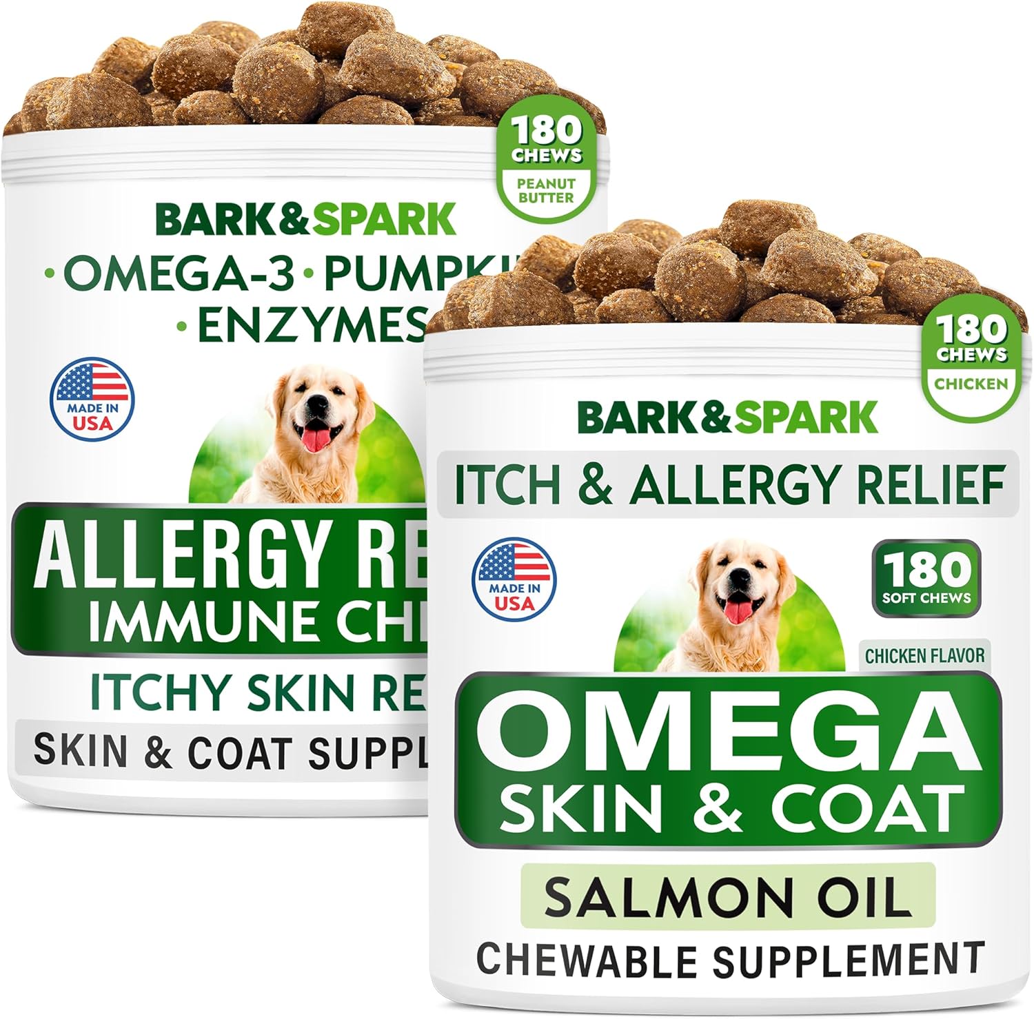 USA-Made BARK&SPARK Allergy Relief Bundle for Dogs - Omega 3 Fish Oil + EPA & DHA Fatty Acid Chews - Anti-Itch Skin & Coat + Joint Health Support - 360 count