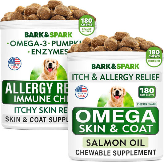 USA-Made BARK&SPARK Allergy Relief Bundle for Dogs - Omega 3 Fish Oil + EPA & DHA Fatty Acid Chews - Anti-Itch Skin & Coat + Joint Health Support - 360 count