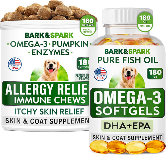 USA-Made BARK&SPARK Allergy Relief Bundle: Omega 3 Chews & Softgels for Skin & Coat Health, Itching, Paw Licking, and Joint Health - 180 Count