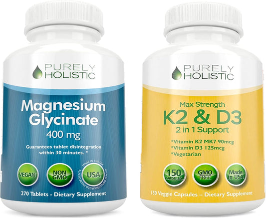 USA-Made Bundle: 270 Tablets & 150 Capsules of Purely Holistic Magnesium Glycinate 400mg + Vitamin D3 125mcg K2 MK7 90mcg