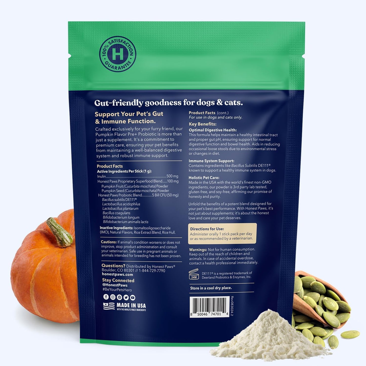 USA-Made Dog Probiotic Powder for Digestive and Immune Health - Pumpkin Flavor with Prebiotic, Enzymes - 30 Sticks