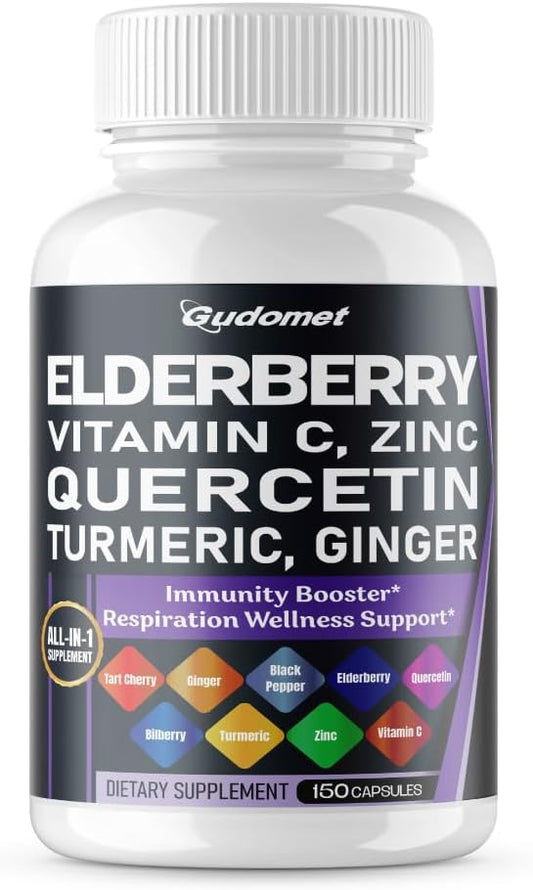 USA-Made Elderberry Quercetin Bilberry Turmeric Tart Cherry Ginger Capsules with Vitamin C, D3, Zinc & Black Pepper - 150ct