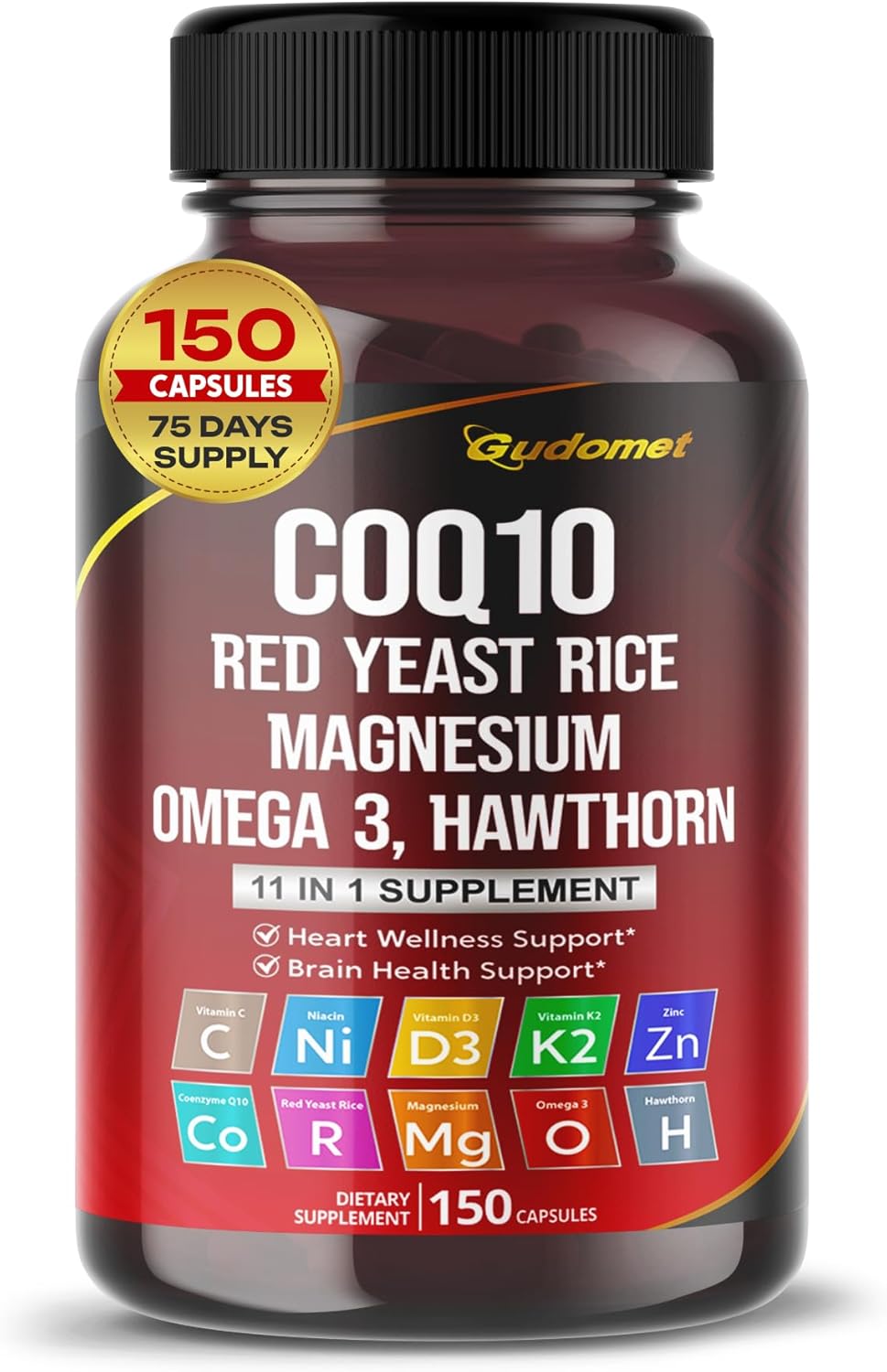 USA-Made GUDOMET Coenzyme Q10 with Red Yeast Rice, Hawthorn, Omega 3, Vitamin C, Niacin, Zinc, and Vitamin K2- 150 Capsules