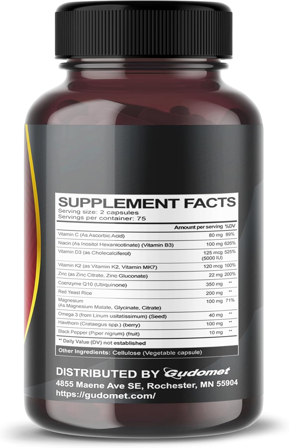 USA-Made GUDOMET Coenzyme Q10 with Red Yeast Rice, Hawthorn, Omega 3, Vitamin C, Niacin, Zinc, and Vitamin K2- 150 Capsules