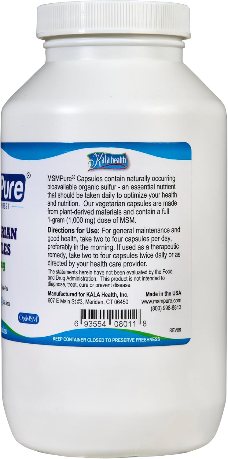 USA Made KALA HEALTH MSMPure MSM Capsules - 250 Count, 1,000 mg Organic Sulfur for Joint Flexibility, Skin, Hair & Nails