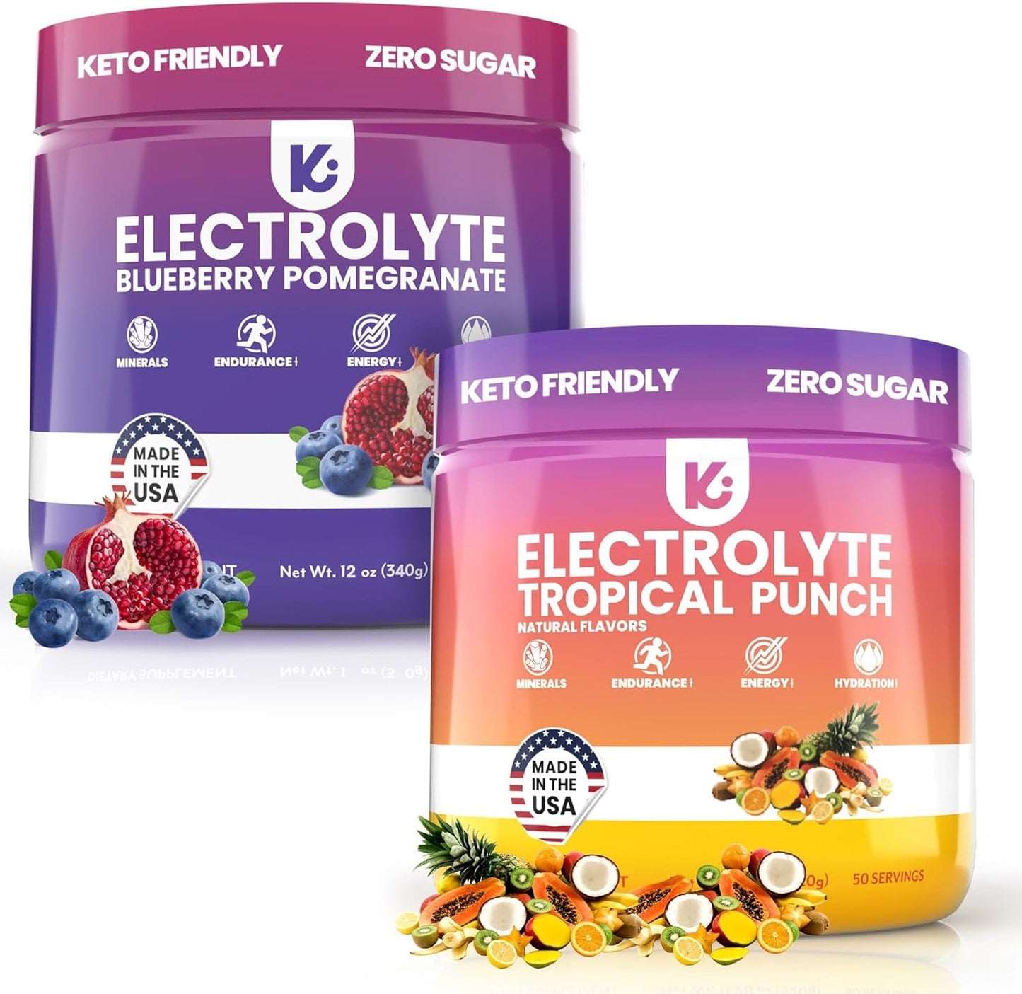 USA-Made Keppi Keto Electrolytes Powder Bundle - Tropical Punch & Blueberry Pomegranate, No Sugar, Zero Carbs, Advanced Hydration, Performance & Recovery, Easy Mixing