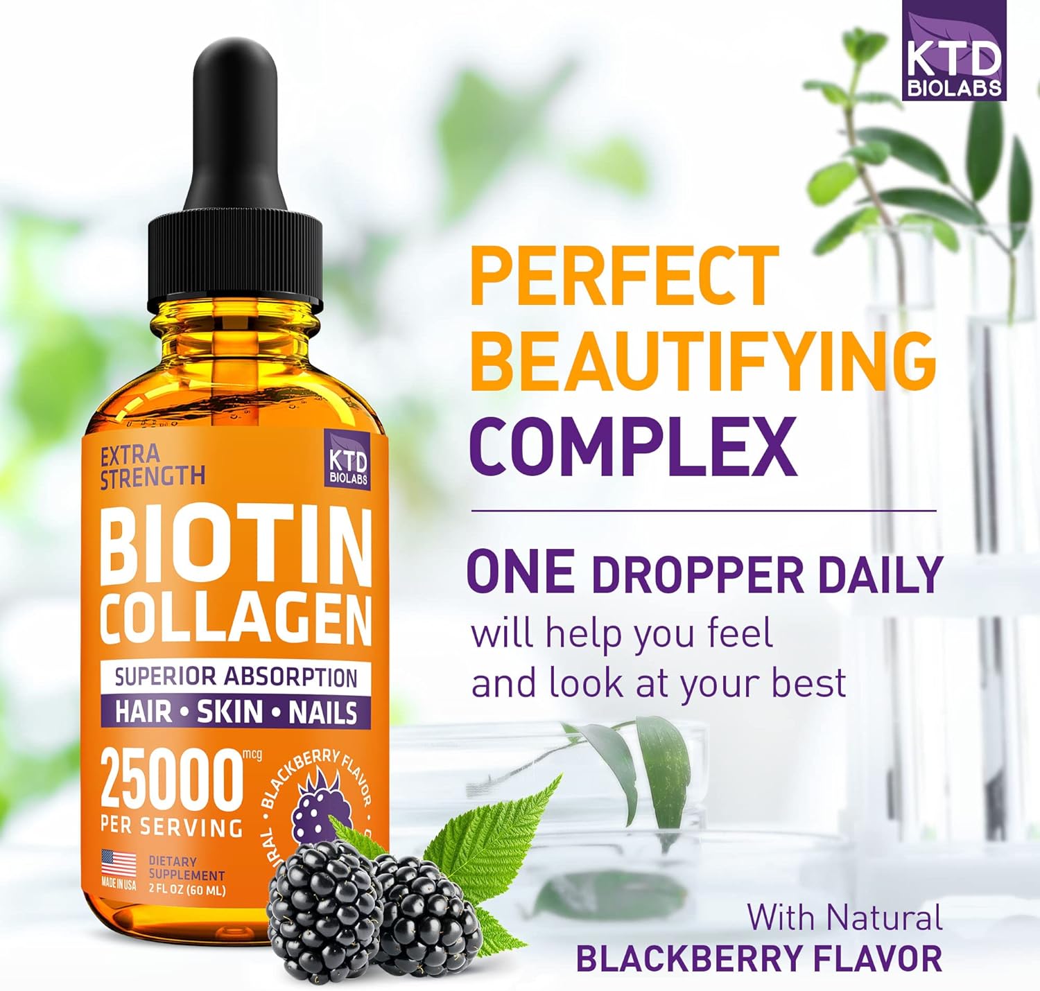 USA-Made Liquid Collagen & Biotin Drops 25,000 mcg for Hair Growth - Hydrolyzed Supplement for Hair Skin Nails - Vitamins for Women Men