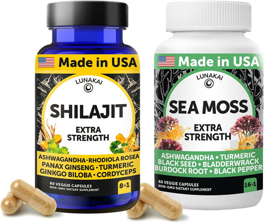 USA Made Lunakai Shilajit & Sea Moss Capsules Bundle with Ashwagandha, Black Seed Oil, and Rhodiola - Strength & Immune Support - 60ct Each