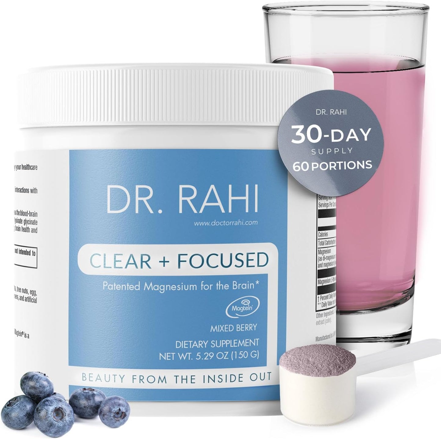 USA Made Mixed Berry Magnesium Powder Supplement 150g - Patented L-Threonate for Brain Support, Non-GMO Easy-to-Mix Powder for Clear & Focused Adults by Dr. Rahi