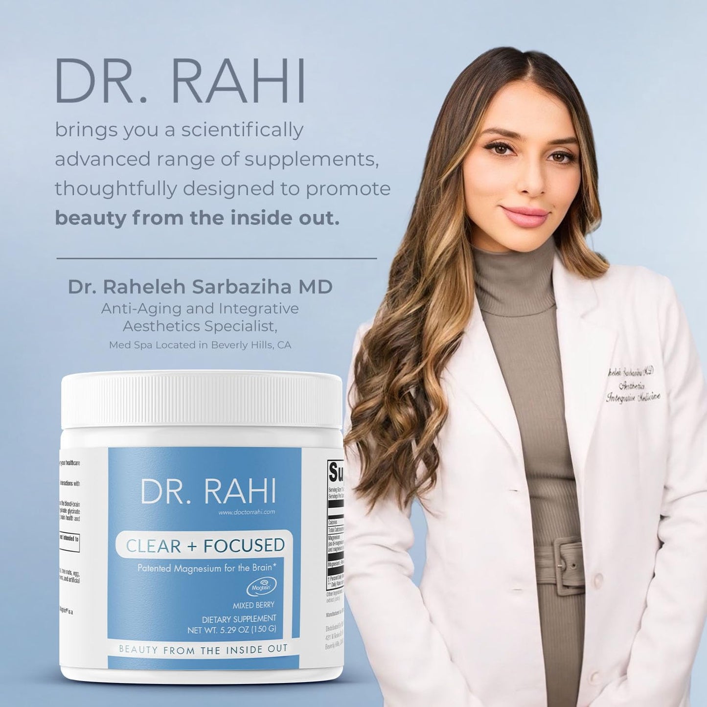 USA Made Mixed Berry Magnesium Powder Supplement 150g - Patented L-Threonate for Brain Support, Non-GMO Easy-to-Mix Powder for Clear & Focused Adults by Dr. Rahi