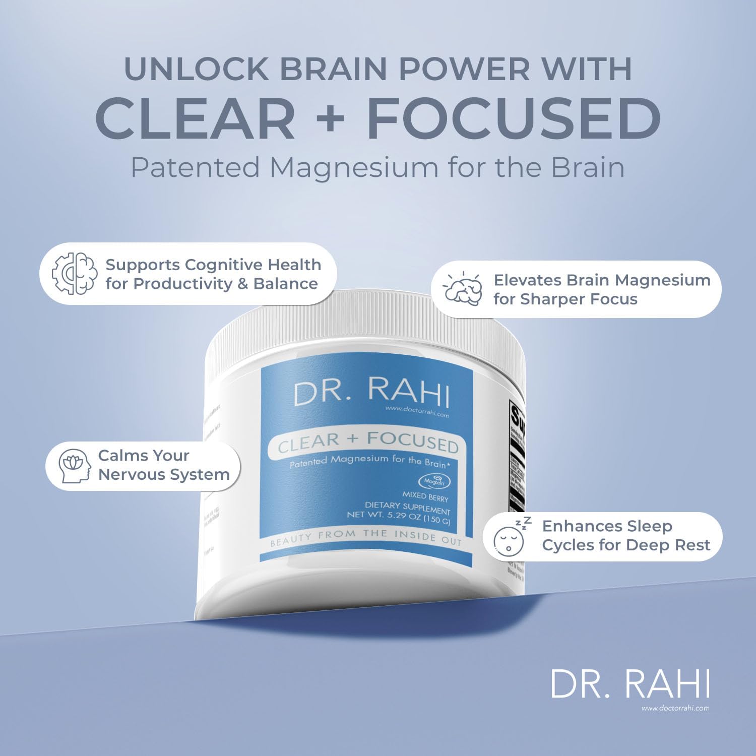 USA Made Mixed Berry Magnesium Powder Supplement 150g - Patented L-Threonate for Brain Support, Non-GMO Easy-to-Mix Powder for Clear & Focused Adults by Dr. Rahi