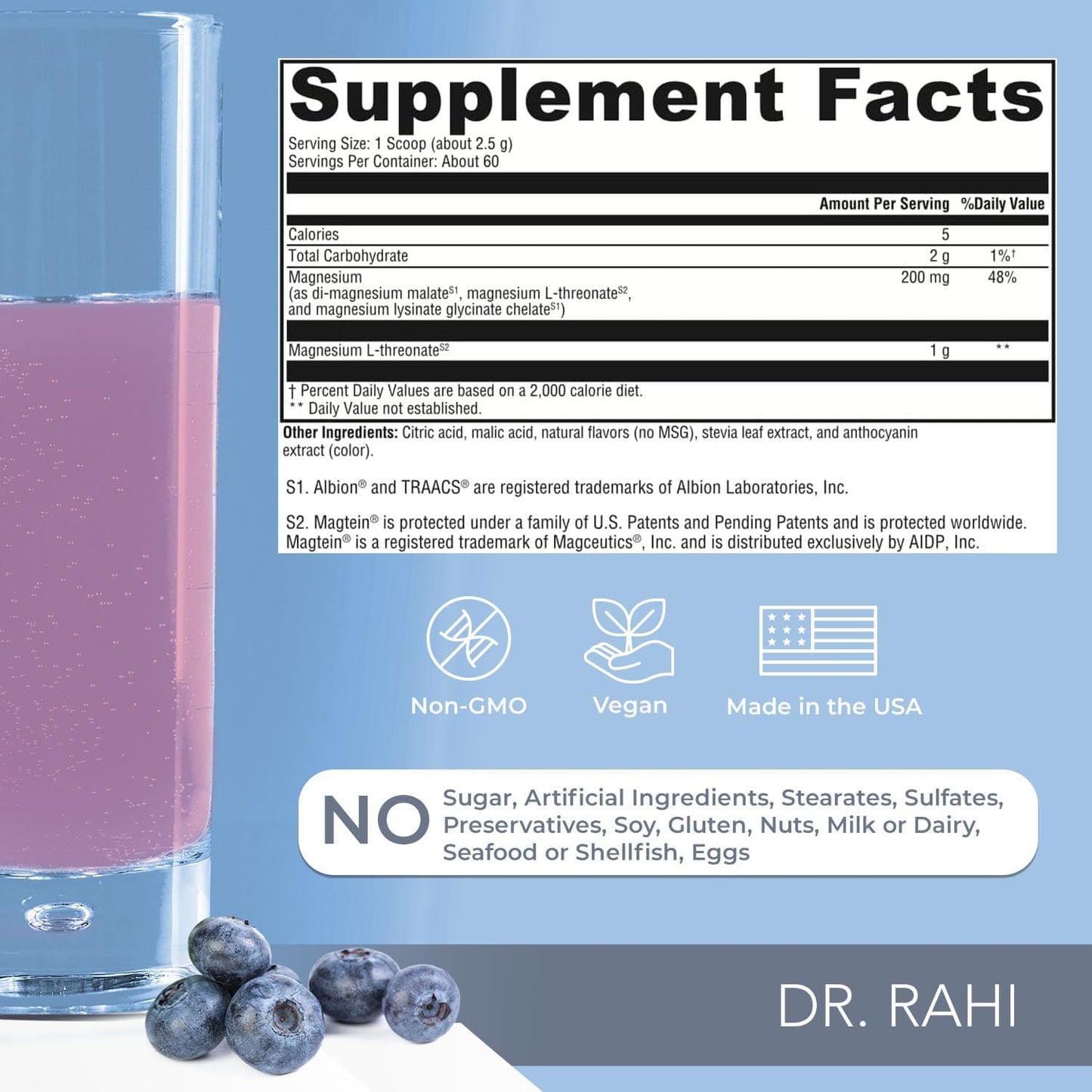 USA Made Mixed Berry Magnesium Powder Supplement 150g - Patented L-Threonate for Brain Support, Non-GMO Easy-to-Mix Powder for Clear & Focused Adults by Dr. Rahi
