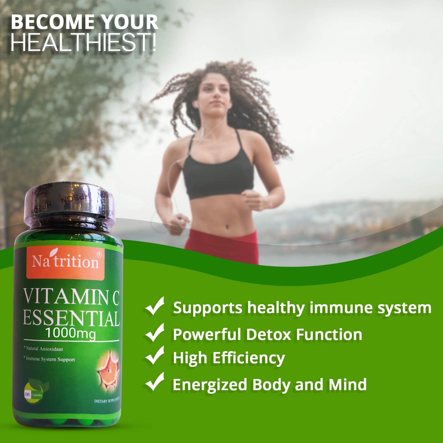 USA-Made Na'trition 1000mg Vitamin C Vagan Capsules for Immune Support & Antioxidants - Citrus Flavor, 50-90 Days Supply