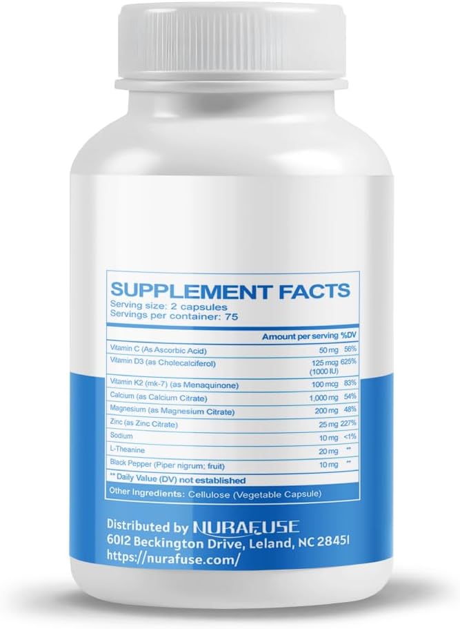 USA-Made NURAFUSE Calcium Citrate Magnesium Vitamin D3 1000IU - Promotes Bone, Nerve, Muscle Health & Absorption - Tested for Purity