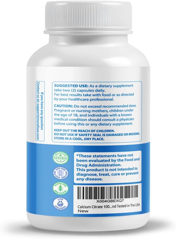 USA-Made NURAFUSE Calcium Citrate Magnesium Vitamin D3 1000IU - Promotes Bone, Nerve, Muscle Health & Absorption - Tested for Purity