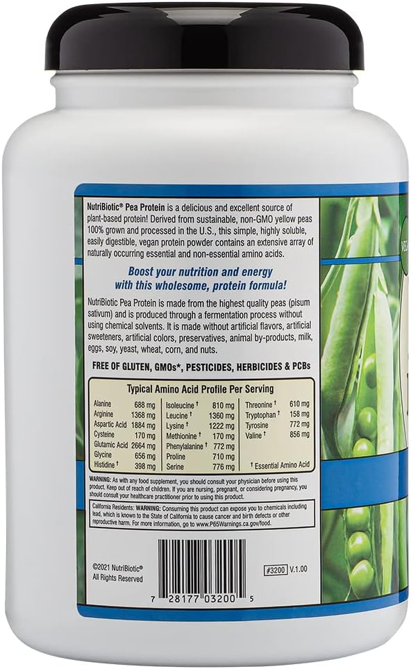 USA-Made NutriBiotic Pea Protein Powder, 21 Oz | Creamy Low Carb Vegan Protein | BCAA-Rich & GMO-Free | Keto & Gluten-Free