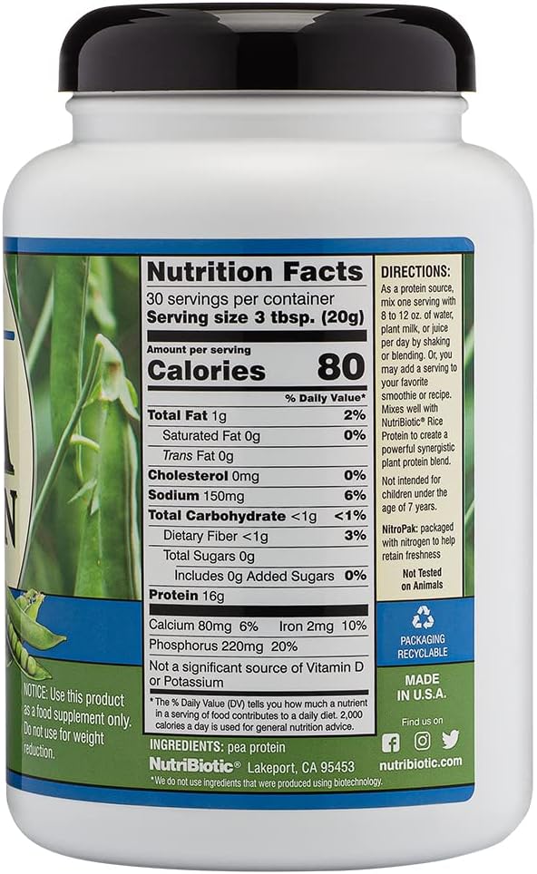 USA-Made NutriBiotic Pea Protein Powder, 21 Oz | Creamy Low Carb Vegan Protein | BCAA-Rich & GMO-Free | Keto & Gluten-Free