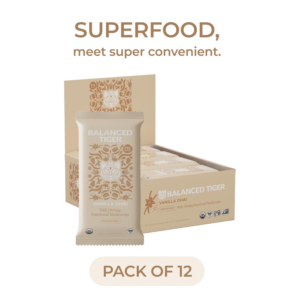 USA-Made Organic Vegan Protein Bars with Adaptogens & Superfoods - 1500mg Lions Mane, Chaga, Reishi, Cordyceps - Plant Protein Bars - Vanilla Chai