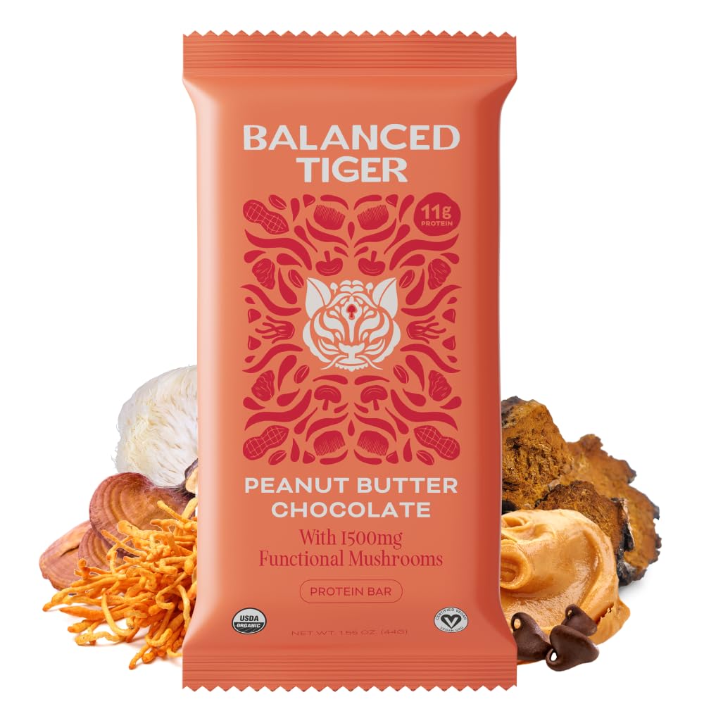 USA-Made Organic Vegan Protein Bars with Functional Mushrooms (Lions Mane, Chaga, Reishi, Cordyceps) - Peanut Butter Chocolate Flavor - Full Dose of Adaptogens & Superfoods