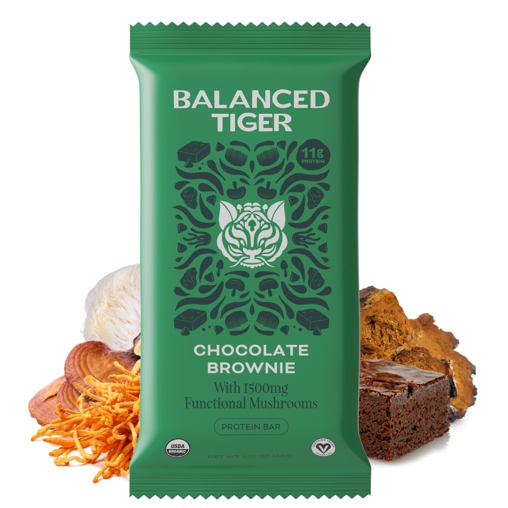 USA-Made Organic Vegan Protein Bars with Functional Mushrooms - Chocolate Brownie Flavor | 1500mg Full Dose Lions Mane, Chaga, Reishi & Cordyceps | Plant Protein with Adaptogens & Superfoods