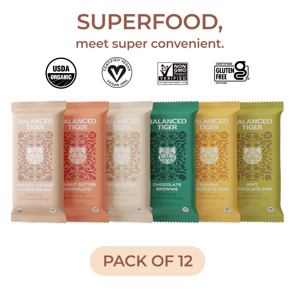 USA-Made Organic Vegan Protein Bars with Functional Mushrooms & Superfoods - 12 Bars Variety Box - Full Dose of Lions Mane, Chaga, Reishi & Cordyceps - Plant Protein Bars with Adaptogens - BoostGo Australia