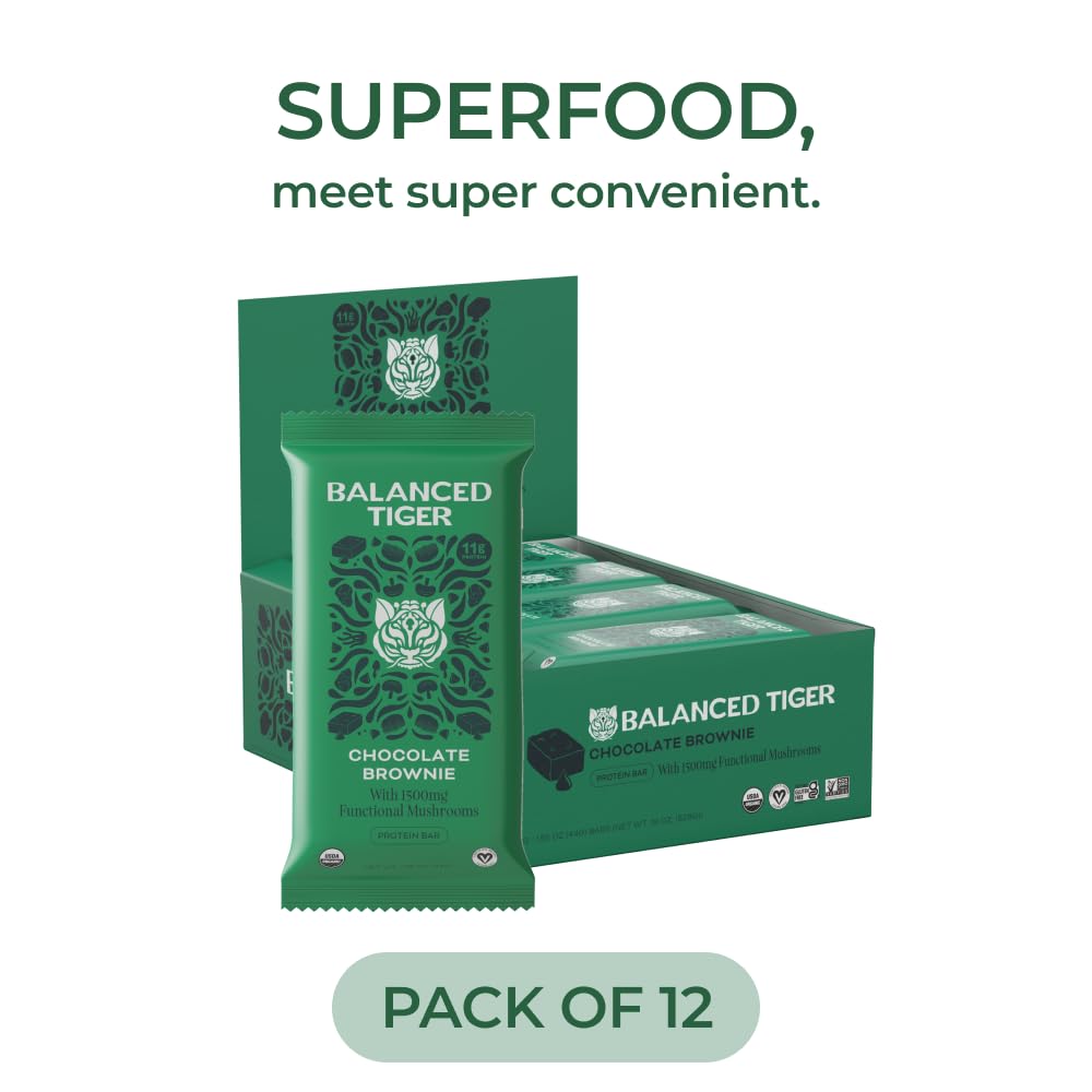 USA-Made Organic Vegan Protein Bars with Functional Mushrooms - Chocolate Brownie Flavor | 1500mg Full Dose Lions Mane, Chaga, Reishi & Cordyceps | Plant Protein with Adaptogens & Superfoods
