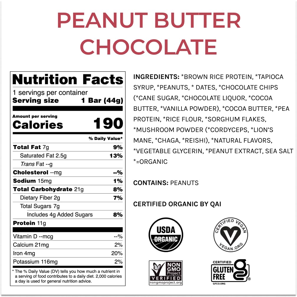 USA-Made Organic Vegan Protein Bars with Functional Mushrooms (Lions Mane, Chaga, Reishi, Cordyceps) - Peanut Butter Chocolate Flavor - Full Dose of Adaptogens & Superfoods