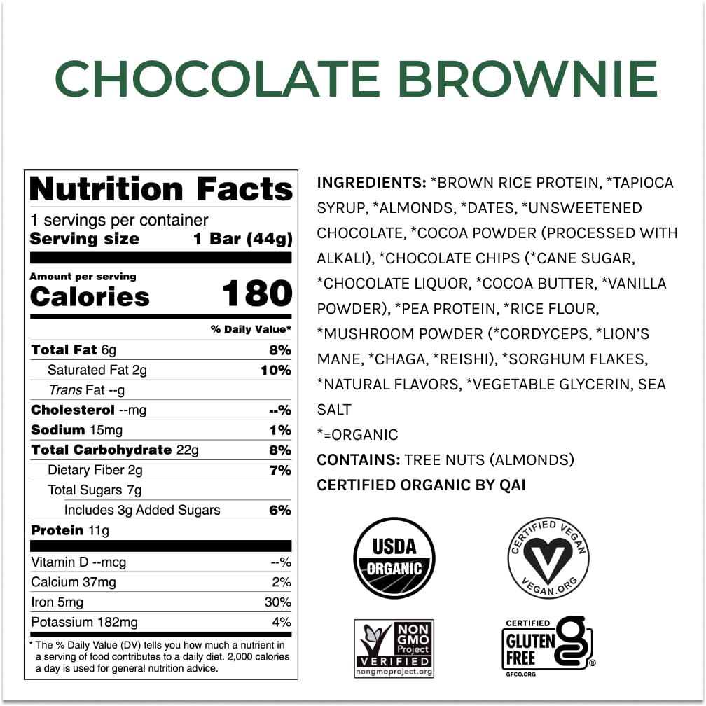 USA-Made Organic Vegan Protein Bars with Functional Mushrooms - Chocolate Brownie Flavor | 1500mg Full Dose Lions Mane, Chaga, Reishi & Cordyceps | Plant Protein with Adaptogens & Superfoods