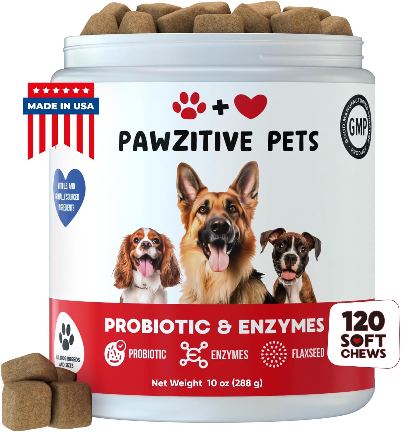 USA-Made Pawzitive Pets Probiotic Chews for Dogs - Digestive Health & Immune Support - Relief for Itchy Skin, Yeast, Diarrhea - Enzyme Supplement for Gut Health & Allergies