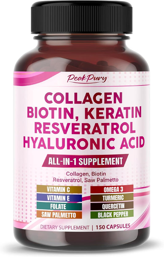USA-Made Peakpury Collagen Biotin Resveratrol Saw Palmetto for Skin and Joint Health Support