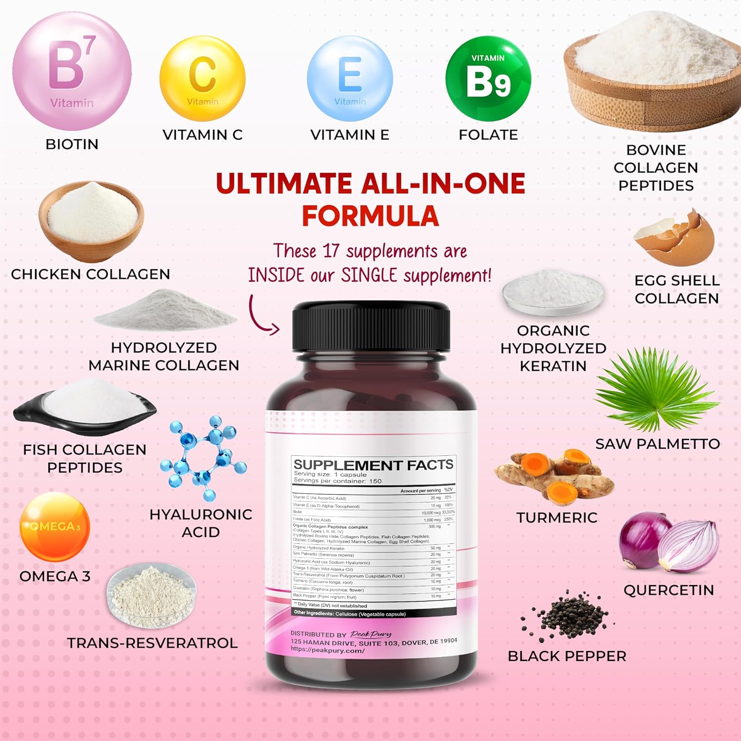USA-Made Peakpury Collagen Biotin Resveratrol Saw Palmetto for Skin and Joint Health Support