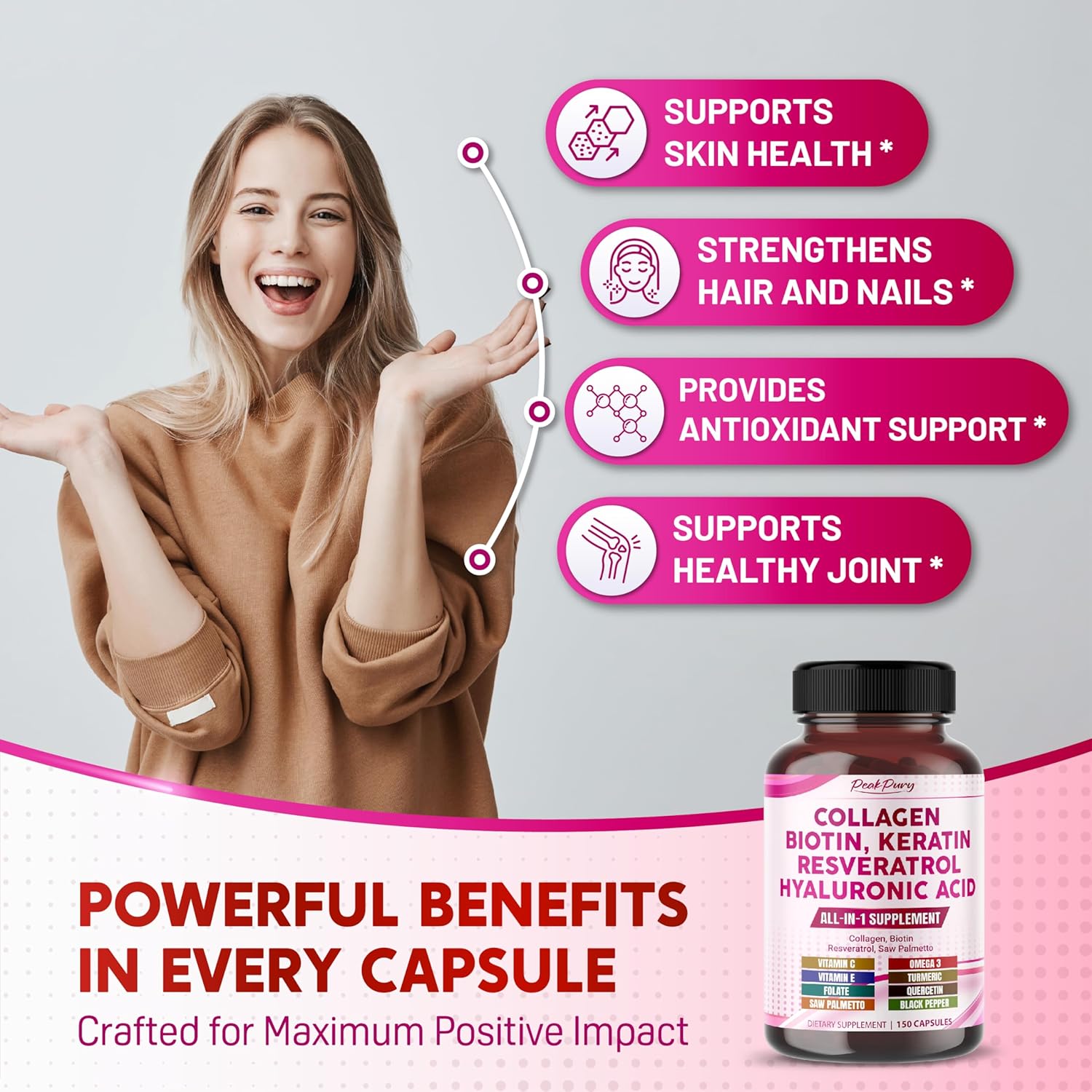 USA-Made Peakpury Collagen Biotin Resveratrol Saw Palmetto for Skin and Joint Health Support