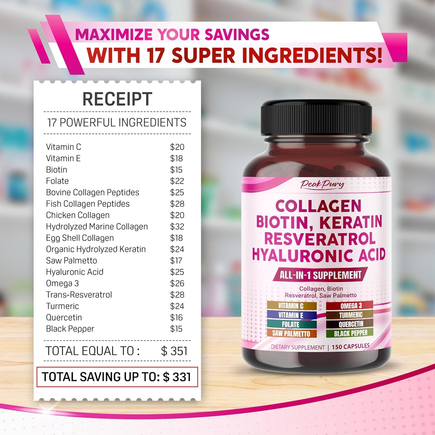USA-Made Peakpury Collagen Biotin Resveratrol Saw Palmetto for Skin and Joint Health Support