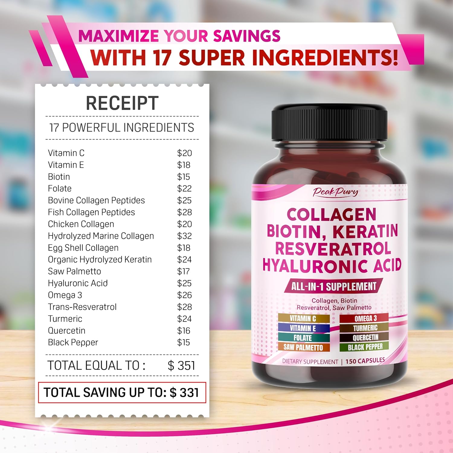 USA-Made Peakpury Collagen Biotin Resveratrol Saw Palmetto for Skin and Joint Health Support